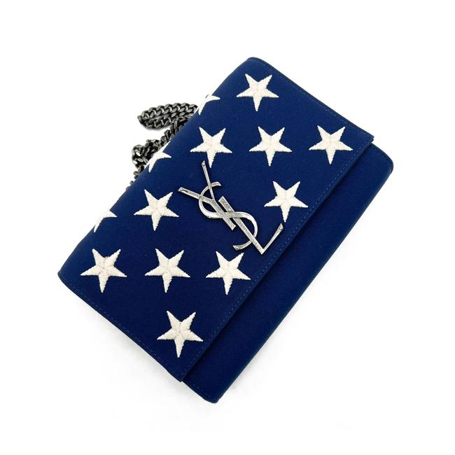 Saint Laurent Monogram Kate Embroidered Stars Small Satchel Bianco Blue Canvas Shoulder Bag