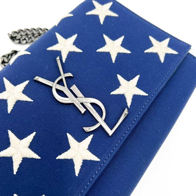 Saint Laurent Monogram Kate Embroidered Stars Small Satchel Bianco Blue Canvas Shoulder Bag