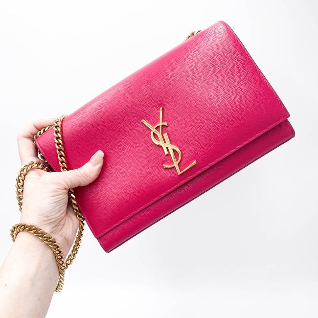 Saint Laurent Monogram Kate Grain De Poudre Medium Satchel Lipstick Fuchsia Pink Leather Shoulder Bag