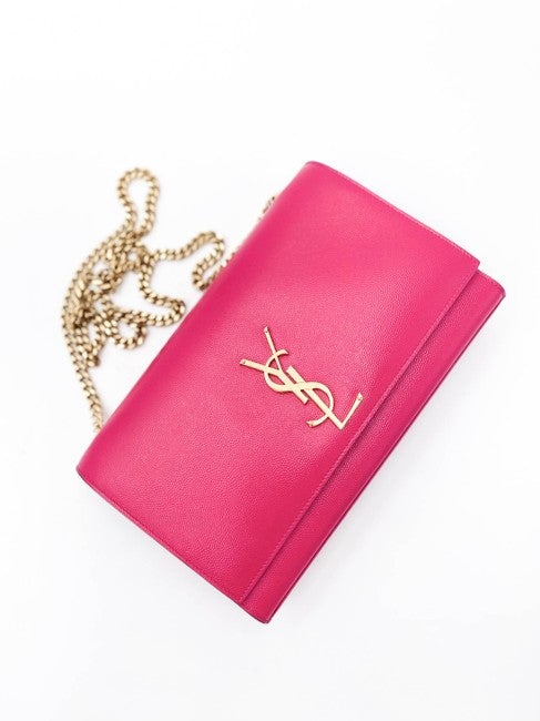 Saint Laurent Monogram Kate Grain De Poudre Medium Satchel Lipstick Fuchsia Pink Leather Shoulder Bag