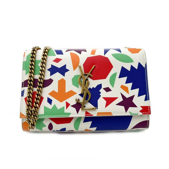 Saint Laurent Monogram Kate Grain De Poudre Small Classic Shapes Print White Leather Cross Body Bag