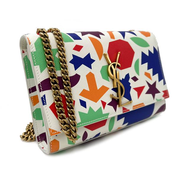 Saint Laurent Monogram Kate Grain De Poudre Small Classic Shapes Print White Leather Cross Body Bag