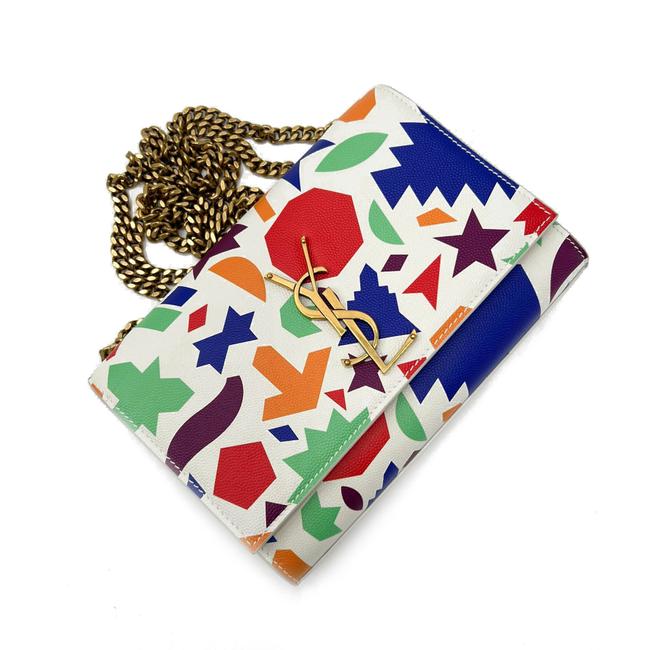Saint Laurent Monogram Kate Grain De Poudre Small Classic Shapes Print White Leather Cross Body Bag