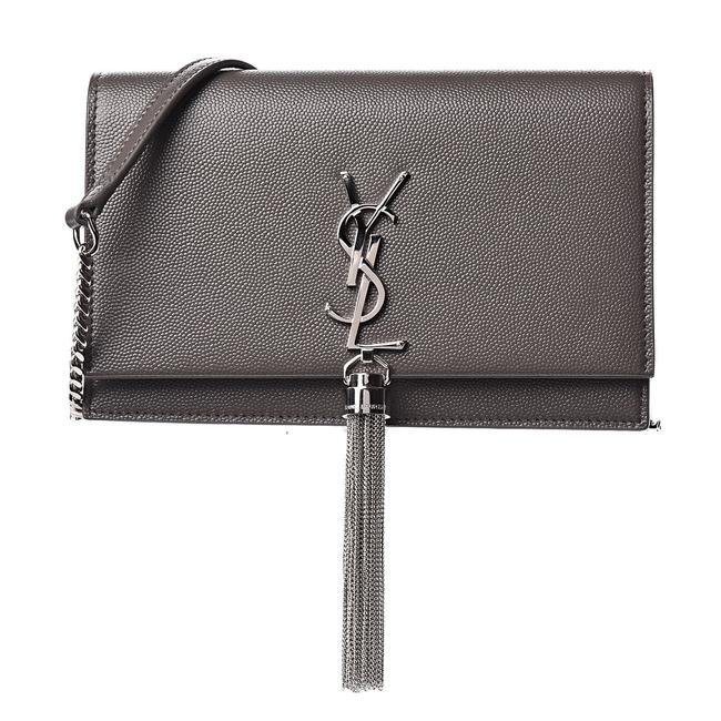Saint Laurent Monogram Kate Grain De Poudre Small Classic Tassel Grey Leather Shoulder Bag