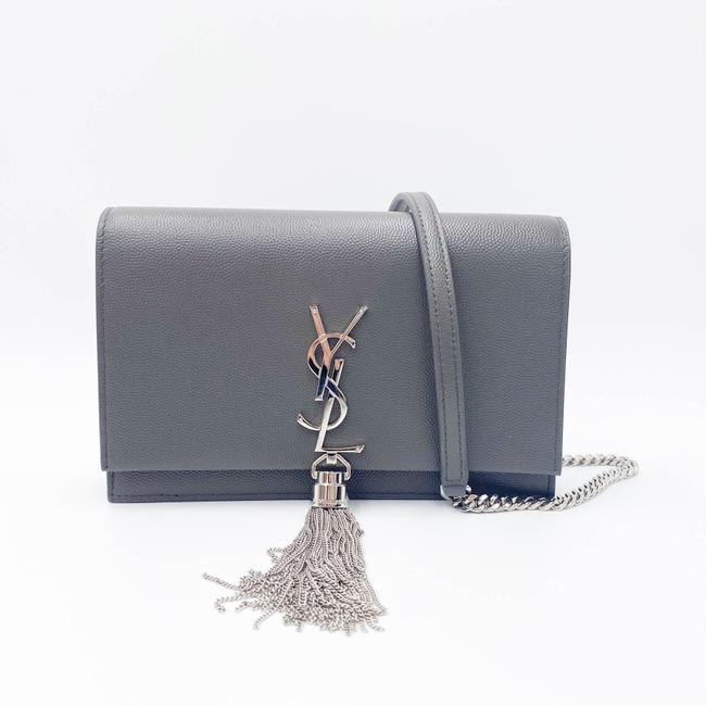 Saint Laurent Monogram Kate Grain De Poudre Small Classic Tassel Grey Leather Shoulder Bag