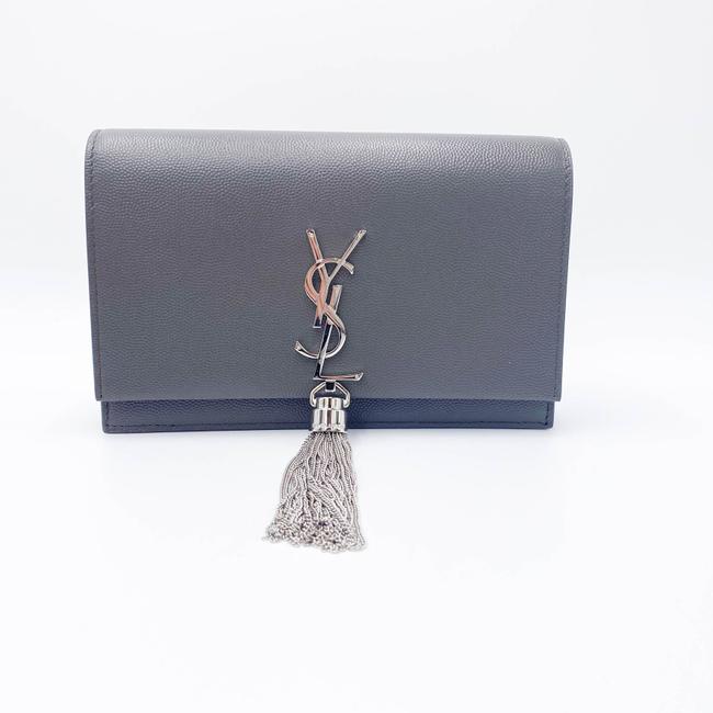 Saint Laurent Monogram Kate Grain De Poudre Small Classic Tassel Grey Leather Shoulder Bag