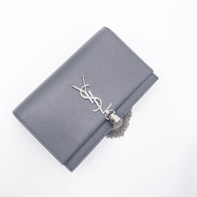 Saint Laurent Monogram Kate Grain De Poudre Small Classic Tassel Grey Leather Shoulder Bag
