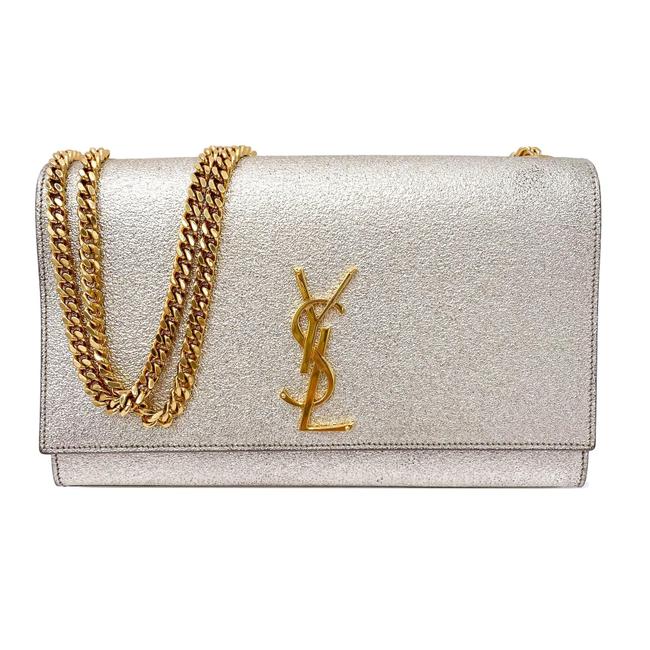 Saint Laurent Monogram Kate Metallic Calfskin Medium Classic Satchel Platine Silver Leather Shoulder Bag