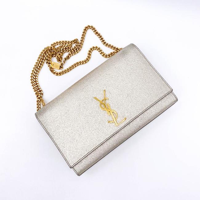 Saint Laurent Monogram Kate Metallic Calfskin Medium Classic Satchel Platine Silver Leather Shoulder Bag