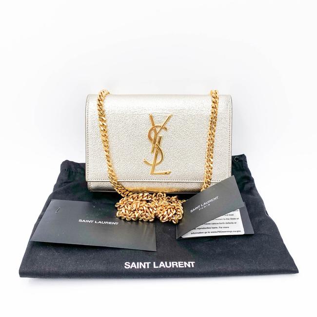 Saint Laurent Monogram Kate Metallic Calfskin Small Classic Satchel Pale Gold Silver Leather Shoulder Bag