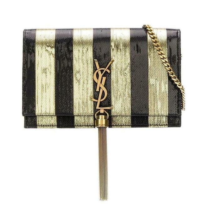 Saint Laurent Monogram Kate Metallic Stripe Wallet On A Chain Woc Black and Gold Leather Shoulder Bag