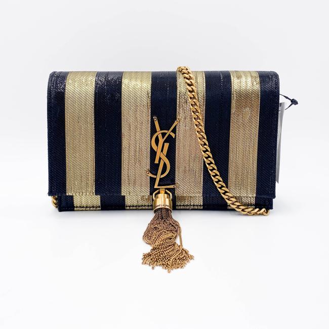 Saint Laurent Monogram Kate Metallic Stripe Wallet On A Chain Woc Black and Gold Leather Shoulder Bag