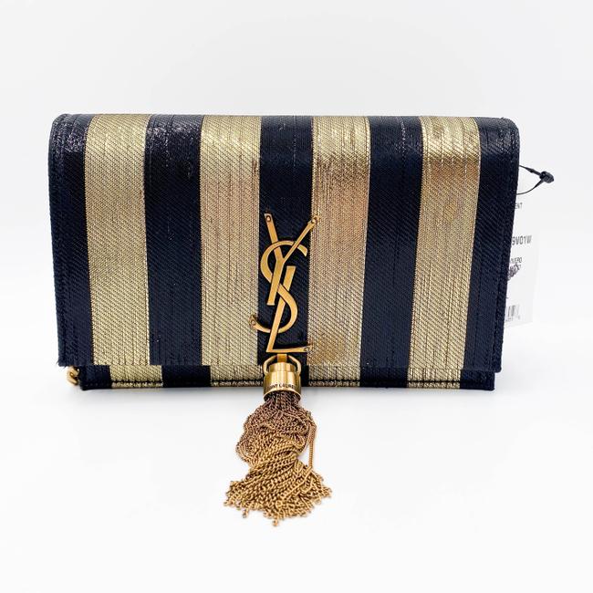 Saint Laurent Monogram Kate Metallic Stripe Wallet On A Chain Woc Black and Gold Leather Shoulder Bag