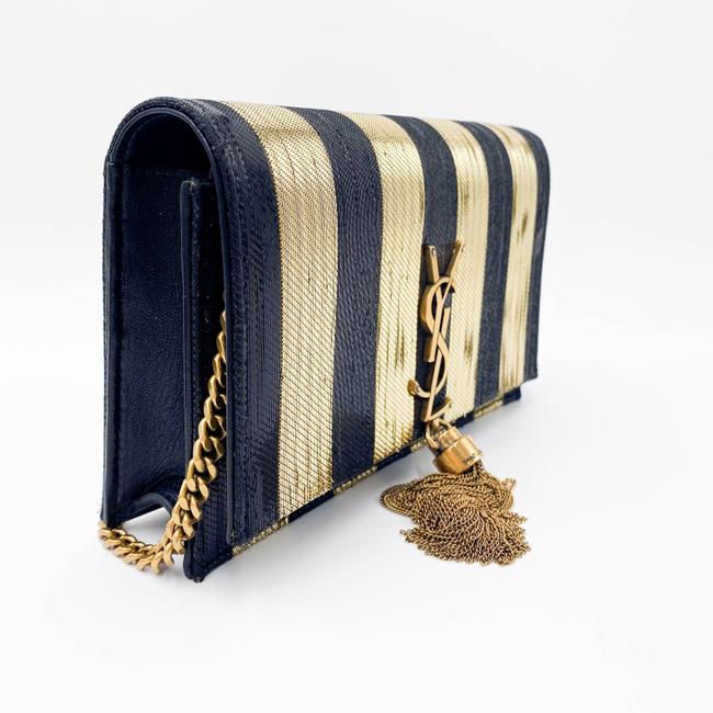 Saint Laurent Monogram Kate Metallic Stripe Wallet On A Chain Woc Black and Gold Leather Shoulder Bag