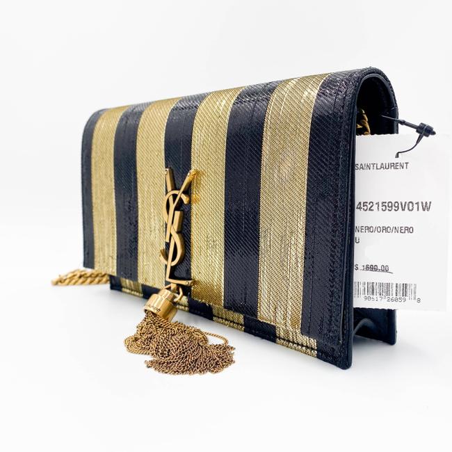 Saint Laurent Monogram Kate Metallic Stripe Wallet On A Chain Woc Black and Gold Leather Shoulder Bag