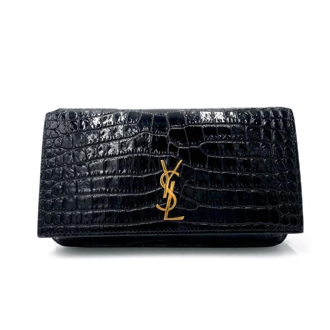 Saint Laurent Monogram Kate Monogram Croc-effect Phone Holder Black Leather Cross Body Bag