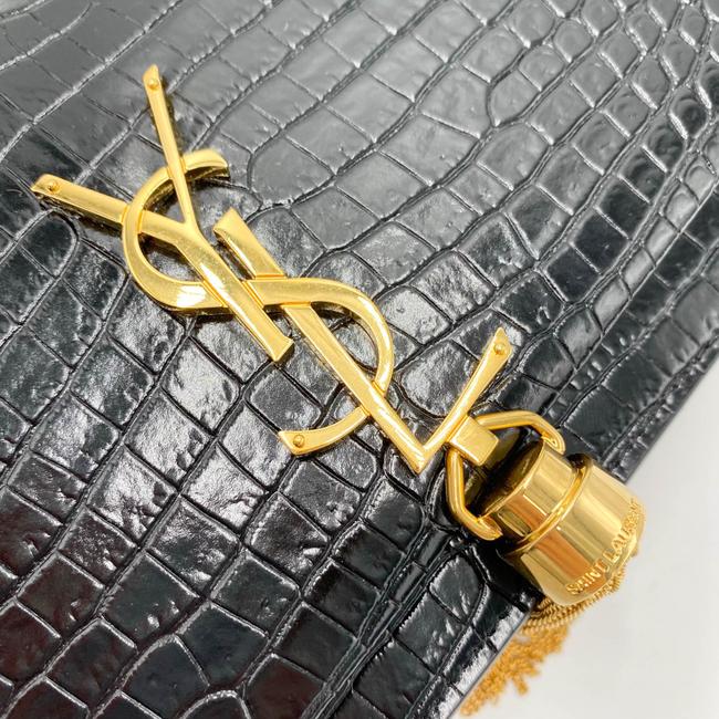 Saint Laurent Monogram Kate Wallet on Chain Crocodile Embossed Tassel Black Patent Leather Cross Body Bag