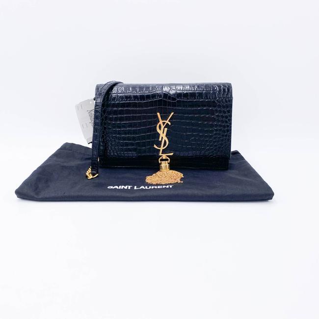 Saint Laurent Monogram Kate Wallet on Chain Crocodile Embossed Tassel Black Patent Leather Cross Body Bag