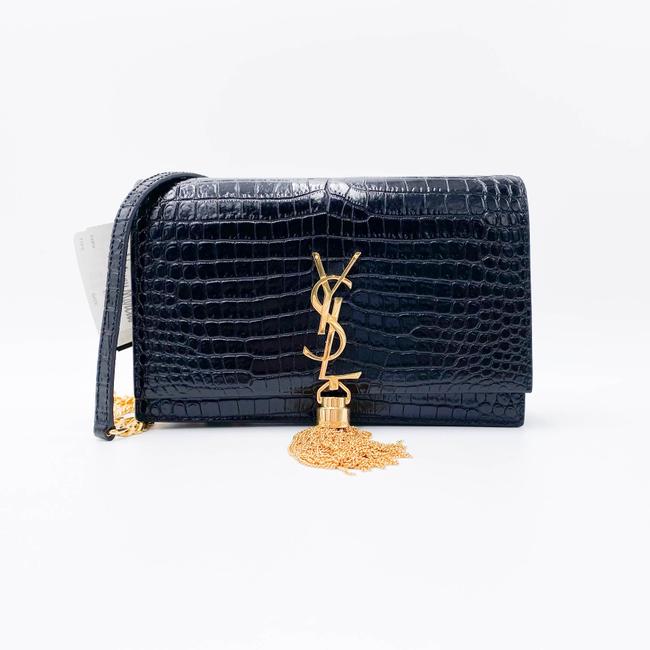 Saint Laurent Monogram Kate Wallet on Chain Crocodile Embossed Tassel Black Patent Leather Cross Body Bag