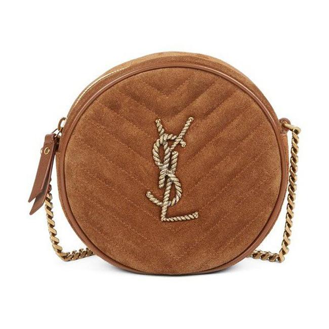 Saint Laurent Monogram Lou Camera Women's Vinyle Quilted Round Brown Suede Leather Cross Body Bag