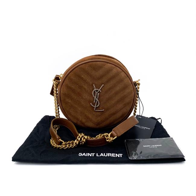 Saint Laurent Monogram Lou Camera Women's Vinyle Quilted Round Brown Suede Leather Cross Body Bag