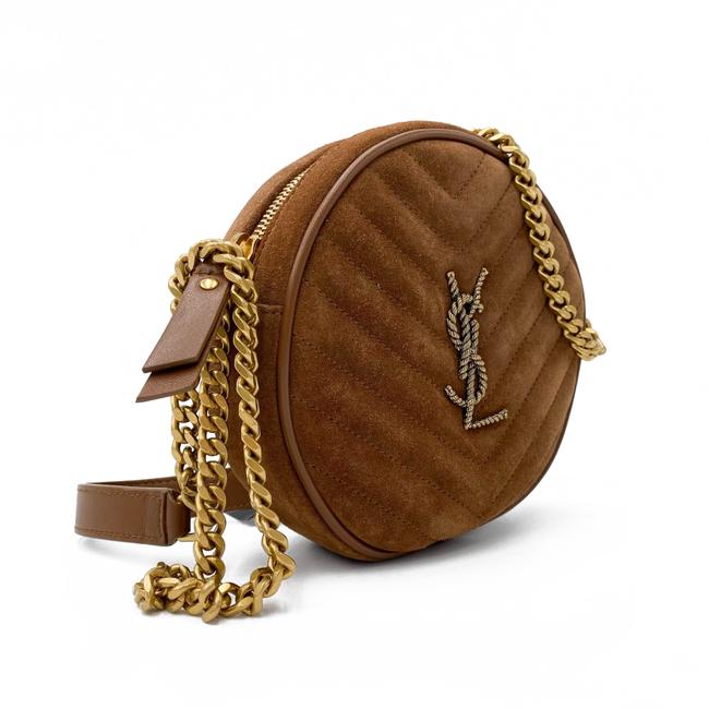 Saint Laurent Monogram Lou Camera Women's Vinyle Quilted Round Brown Suede Leather Cross Body Bag