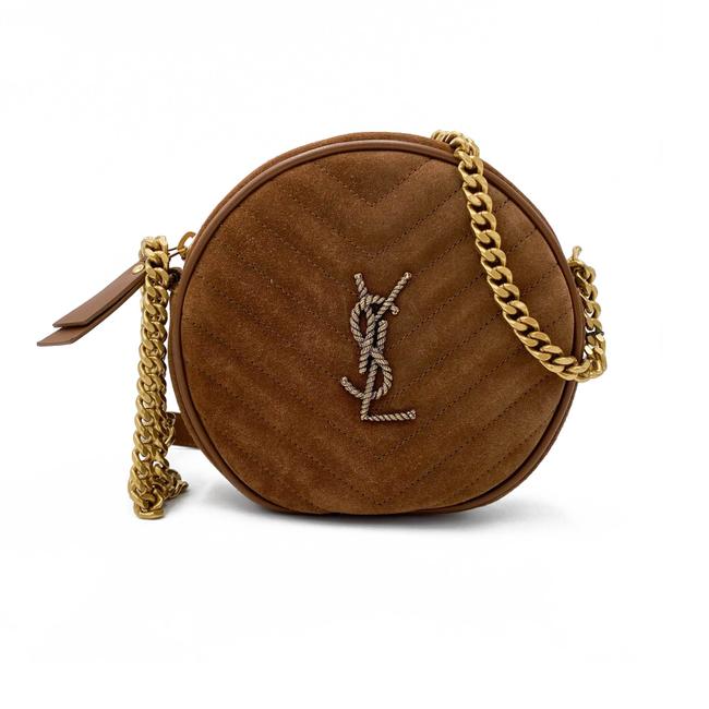 Saint Laurent Monogram Lou Camera Women's Vinyle Quilted Round Brown Suede Leather Cross Body Bag