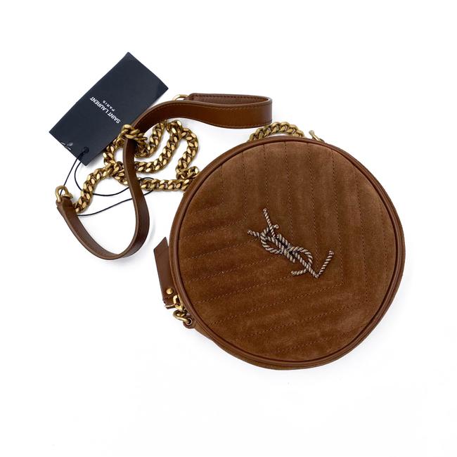 Saint Laurent Monogram Lou Camera Women's Vinyle Quilted Round Brown Suede Leather Cross Body Bag
