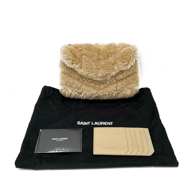 Saint Laurent Monogram Loulou Puffer Small Quilted Pouch Beige Shearling Wool Clutch