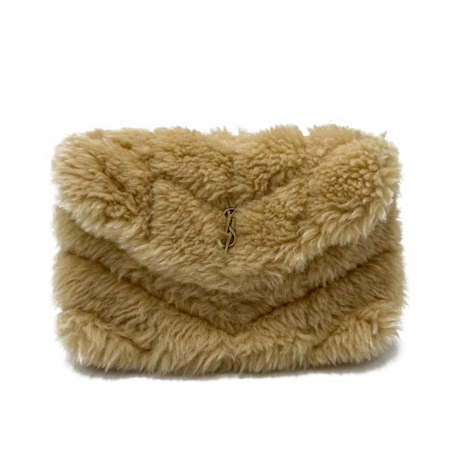 Saint Laurent Monogram Loulou Puffer Small Quilted Pouch Beige Shearling Wool Clutch