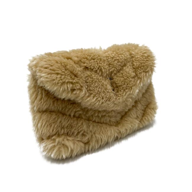 Saint Laurent Monogram Loulou Puffer Small Quilted Pouch Beige Shearling Wool Clutch