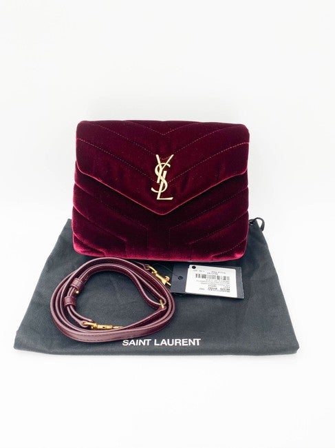 Saint Laurent Monogram Loulou Y Quilted Toy Chain Satchel French Burgundy Red Velvet Shoulder Bag