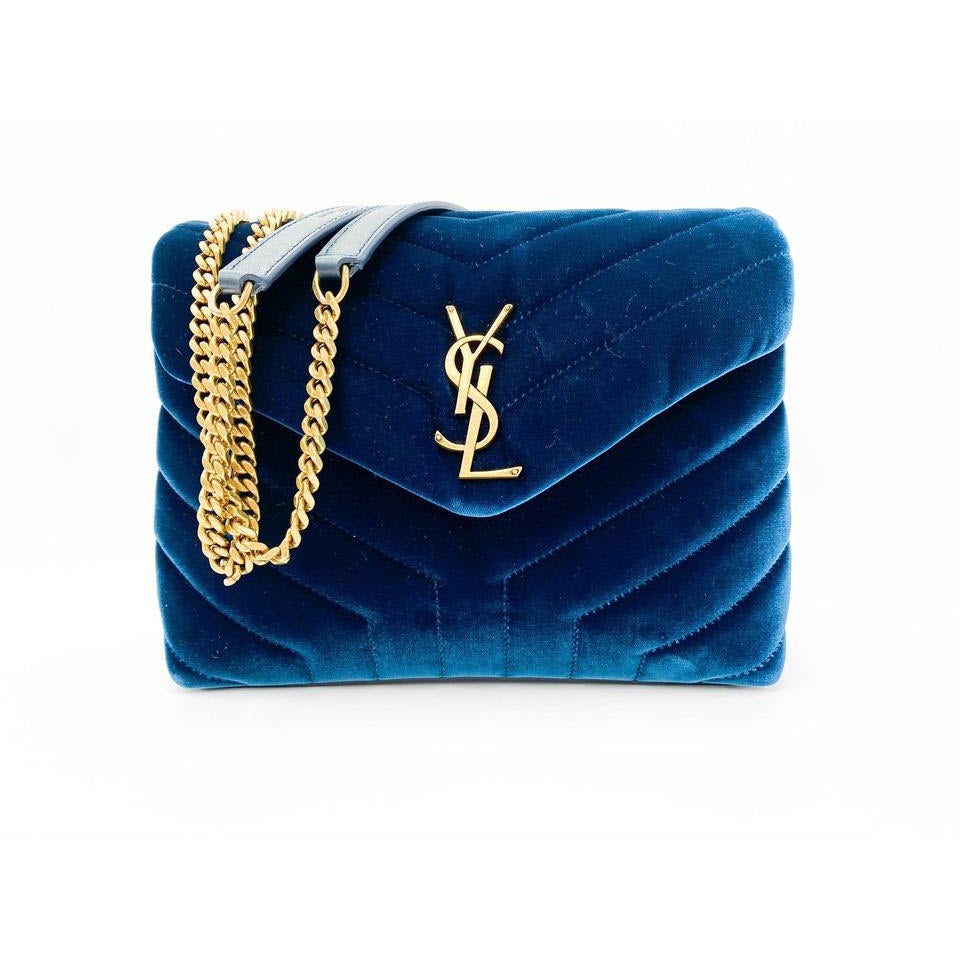 Saint Laurent Monogram Loulou Small Matelassé Blue Velour Shoulder Bag