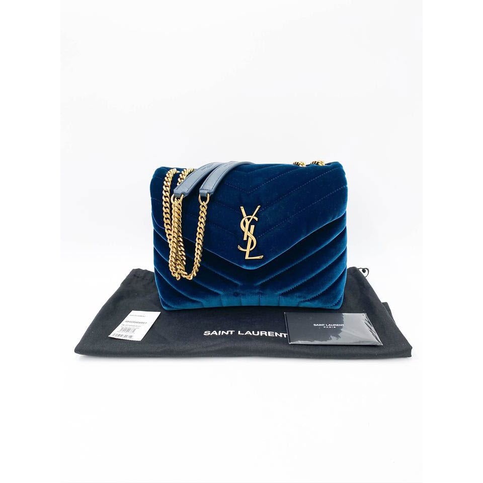 Saint Laurent Monogram Loulou Small Matelassé Blue Velour Shoulder Bag