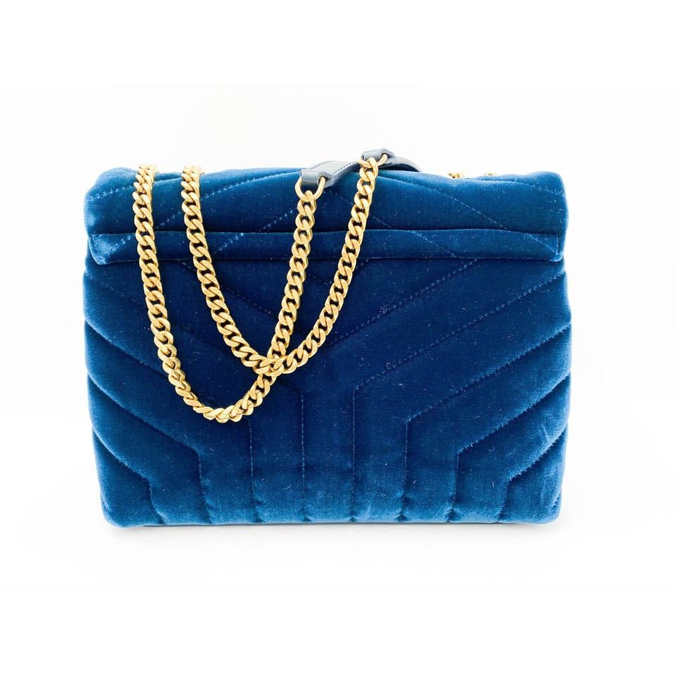 Saint Laurent Monogram Loulou Small Matelassé Blue Velour Shoulder Bag
