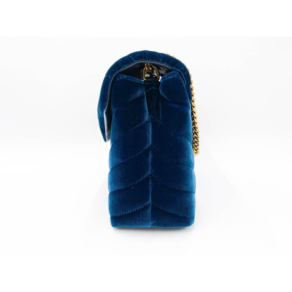 Saint Laurent Monogram Loulou Small Matelassé Blue Velour Shoulder Bag