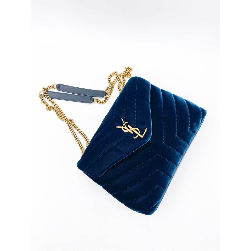 Saint Laurent Monogram Loulou Small Matelassé Blue Velour Shoulder Bag