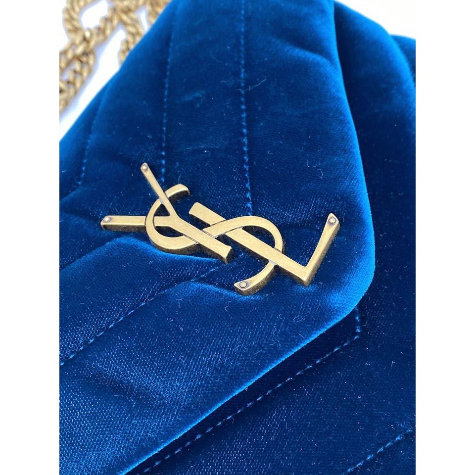 Saint Laurent Monogram Loulou Small Matelassé Blue Velour Shoulder Bag