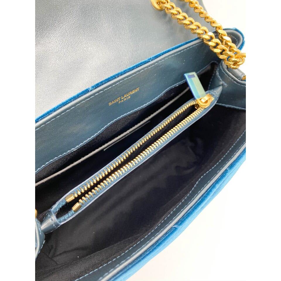 Saint Laurent Monogram Loulou Small Matelassé Blue Velour Shoulder Bag