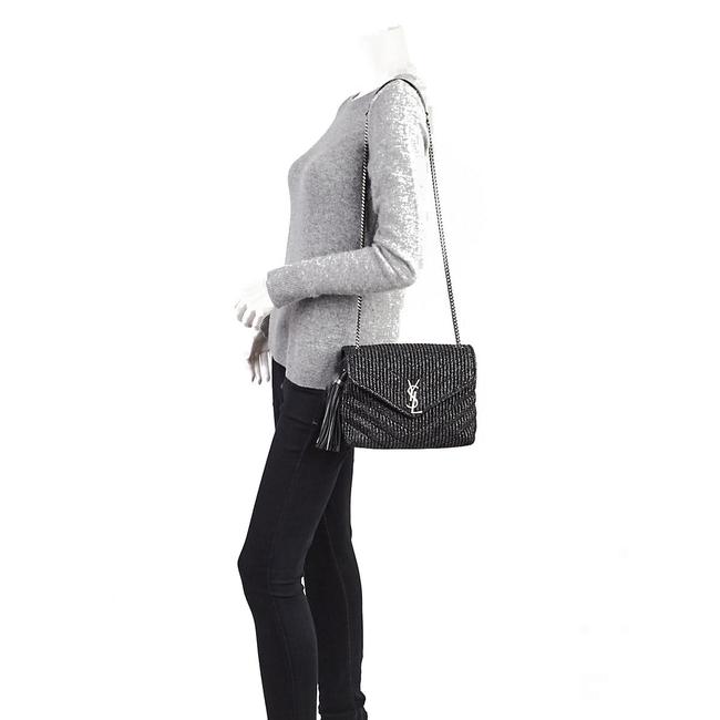 Saint Laurent Monogram Loulou Small Raffia Monogram Chain Tassel Black Leather Shoulder Bag
