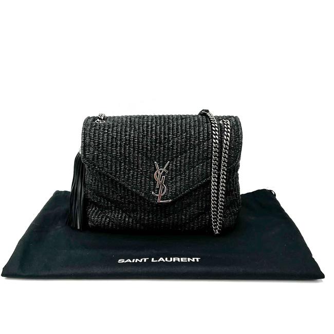 Saint Laurent Monogram Loulou Small Raffia Monogram Chain Tassel Black Leather Shoulder Bag