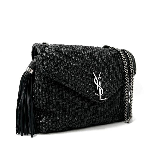 Saint Laurent Monogram Loulou Small Raffia Monogram Chain Tassel Black Leather Shoulder Bag