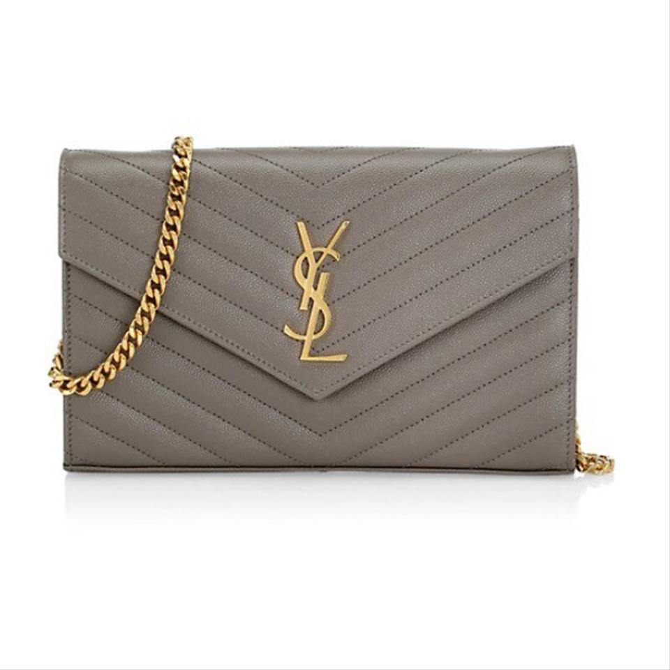 Saint Laurent Monogram Matelasse Chevron Large Wallet Chain Oyster Grey Leather Shoulder Bag