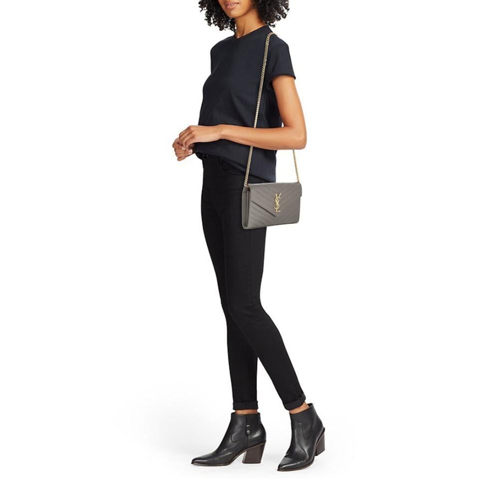 Saint Laurent Monogram Matelasse Chevron Large Wallet Chain Oyster Grey Leather Shoulder Bag
