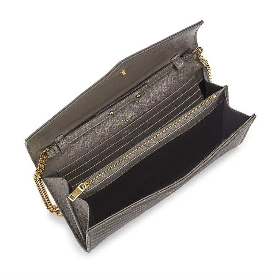 Saint Laurent Monogram Matelasse Chevron Large Wallet Chain Oyster Grey Leather Shoulder Bag
