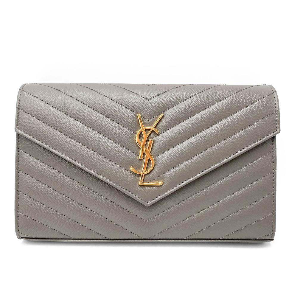 Saint Laurent Monogram Matelasse Chevron Large Wallet Chain Oyster Grey Leather Shoulder Bag