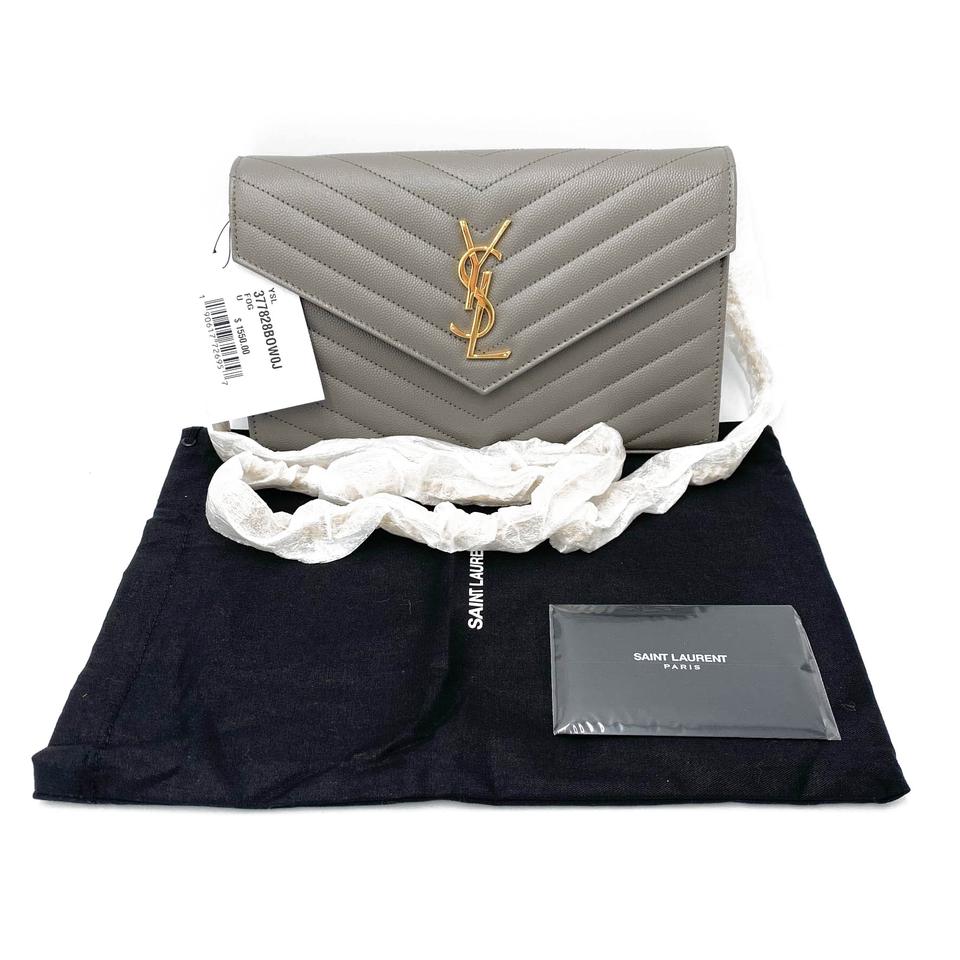 Saint Laurent Monogram Matelasse Chevron Large Wallet Chain Oyster Grey Leather Shoulder Bag