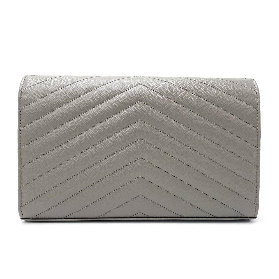 Saint Laurent Monogram Matelasse Chevron Large Wallet Chain Oyster Grey Leather Shoulder Bag