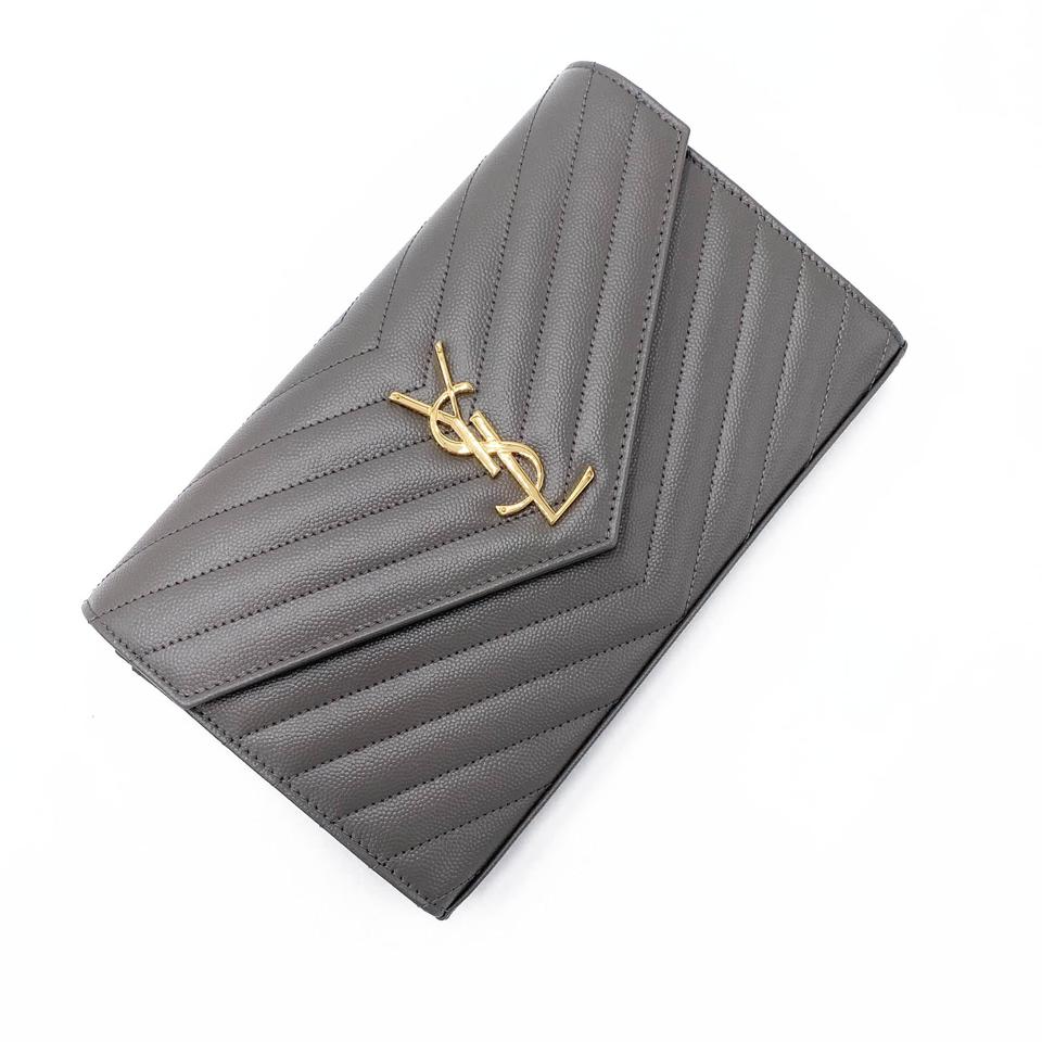 Saint Laurent Monogram Matelasse Chevron Large Wallet Chain Oyster Grey Leather Shoulder Bag