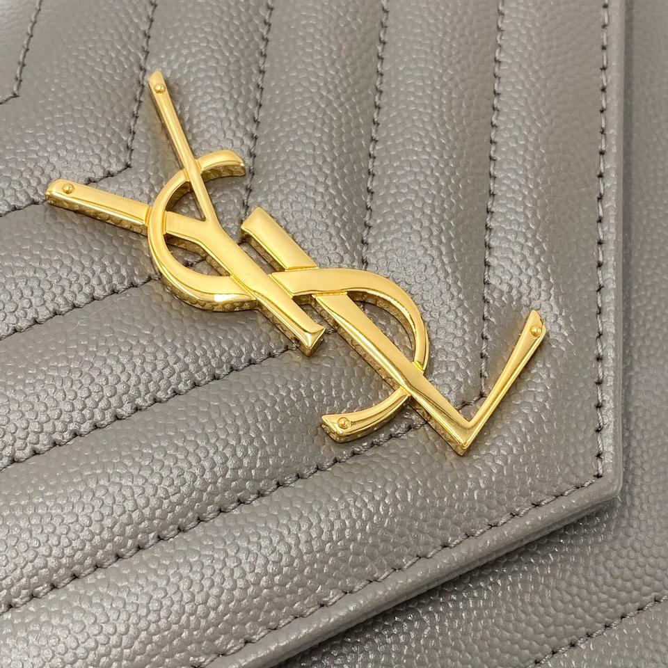 Saint Laurent Monogram Matelasse Chevron Large Wallet Chain Oyster Grey Leather Shoulder Bag
